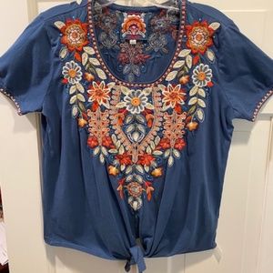 Johnny Was Embroidered Tie-Knot Floral Shirt